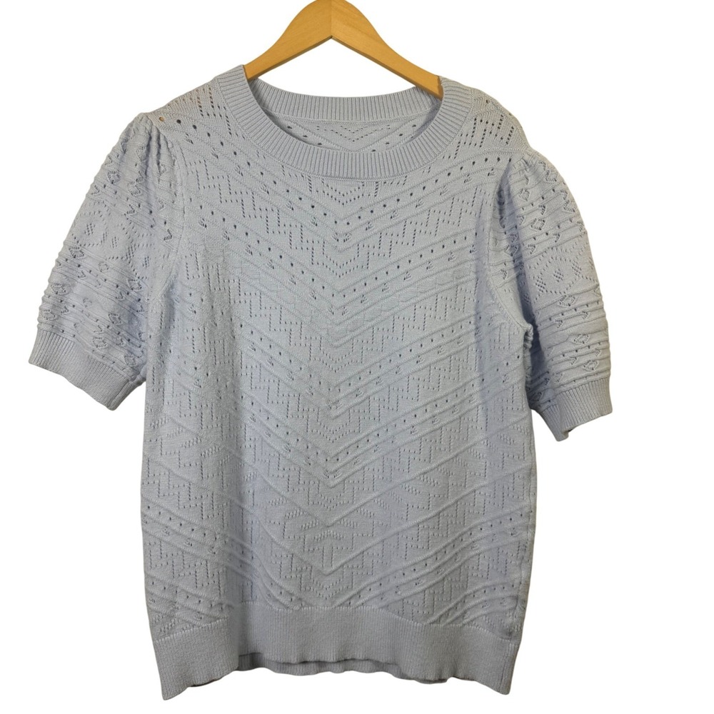 Womens Blouse XL Blue Puff Sleeve Knit Pattern Short Sleeve Sweater Top‎